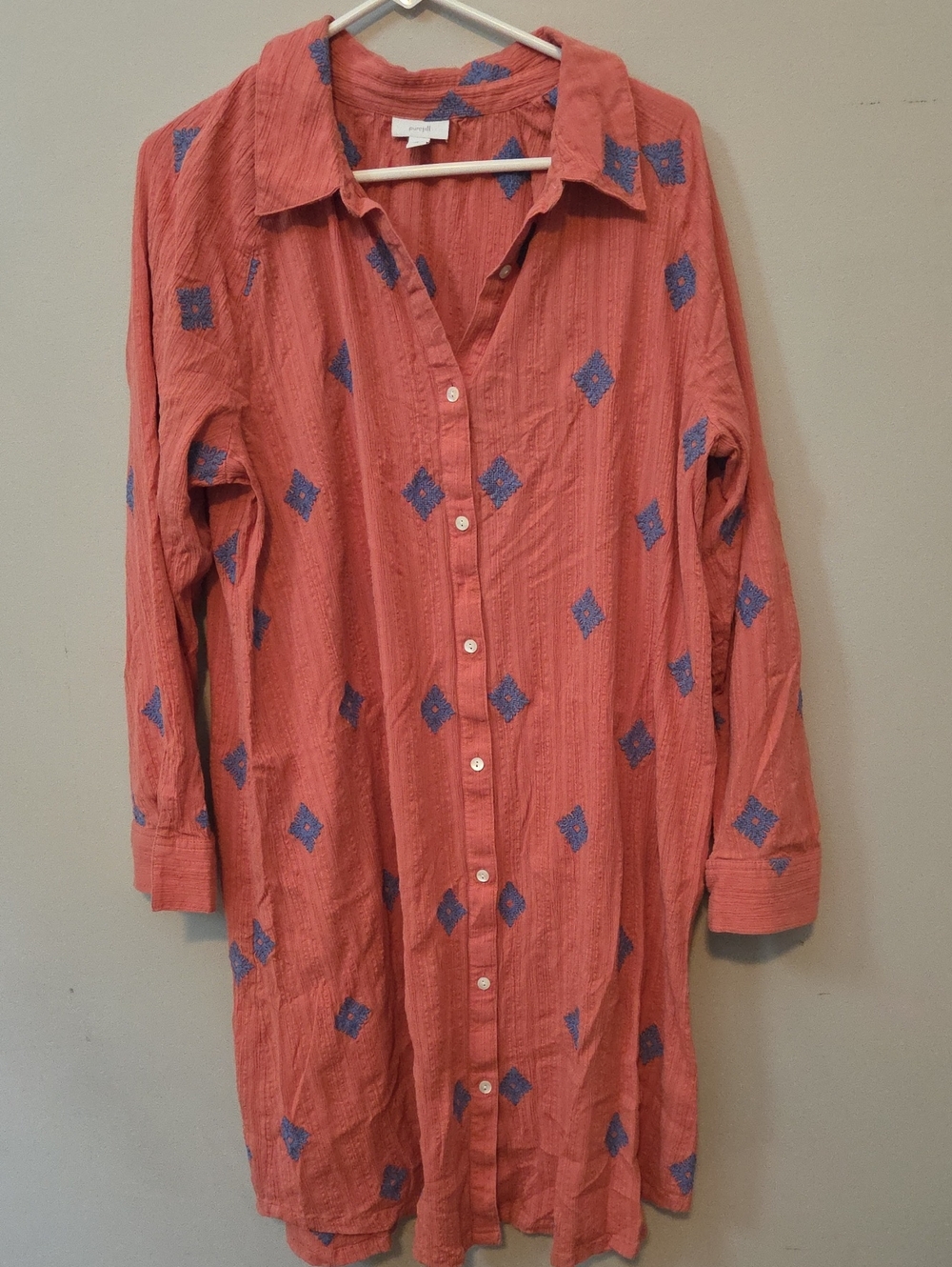 Pure Jill Coral Long-Sleeve Button-Front Embroidered Dress 2x